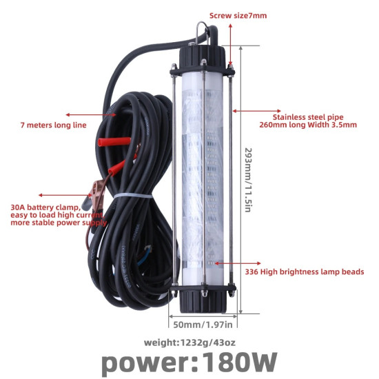 120/180W high-power underwater fishing light, 12V 7M fishing equipment accessories，Sea fishing boat fishing universal