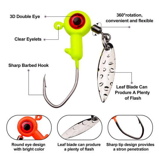 10PCS/Bag 1.4g/1.6g/3g Jig Head Hook Set Sharp Barbed Jigging Heads Hooks with Spinner Spoon 