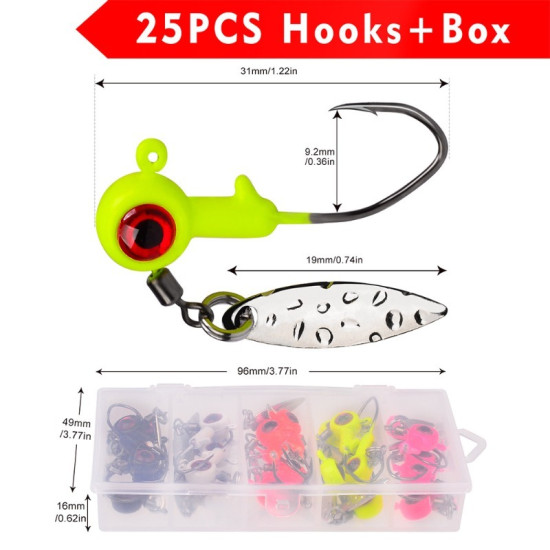25PCS/BOX 3g Jig Head Hook Set Sharp Barbed Jigging Heads Hooks with Spinner Spoon 